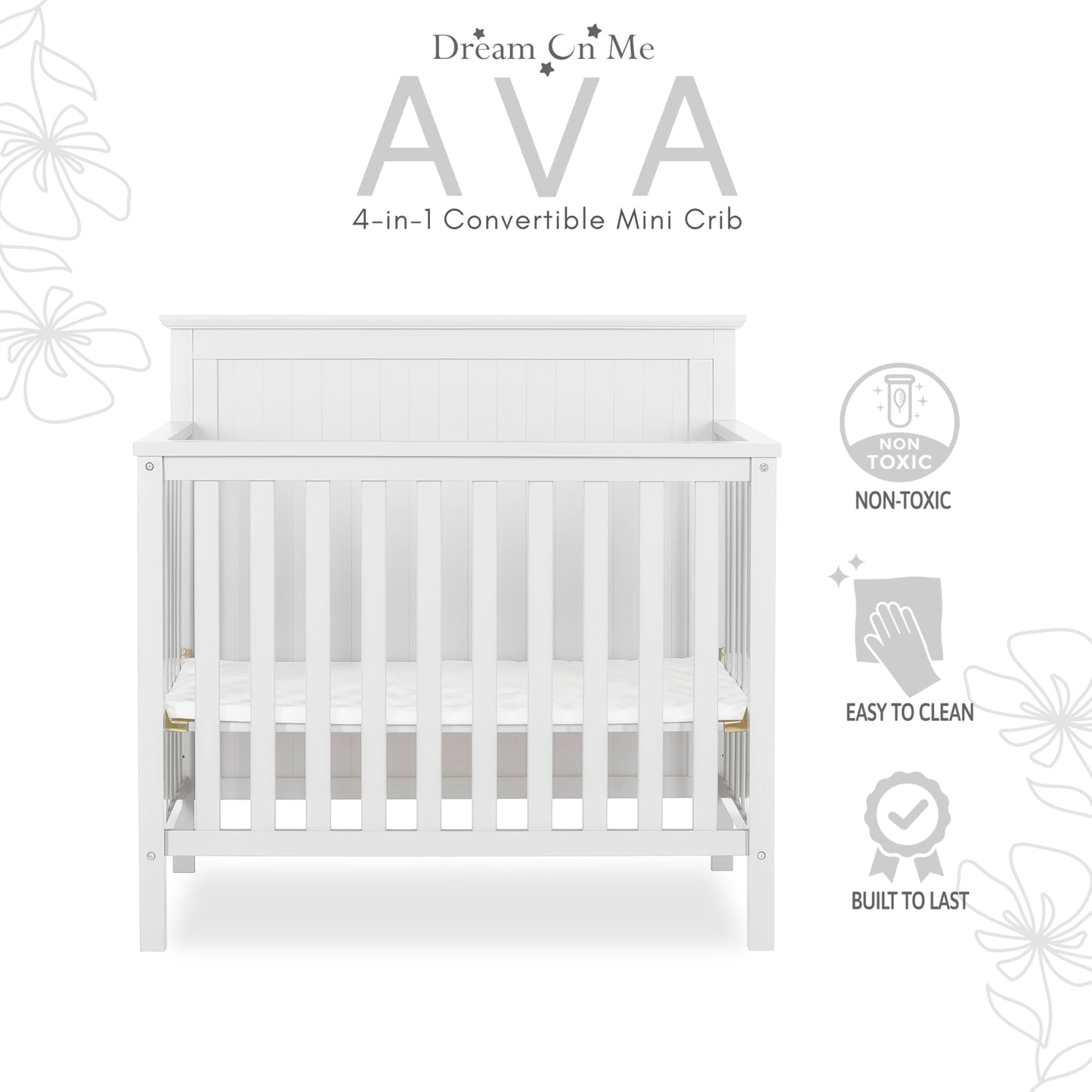 Dream On Me Ava 4-in-1 Convertible Mini Crib in White, Greenguard Gold Certified, Non-Toxic Finish, Comes with 1" Mattress Pad, with 3 Mattress Height Settings