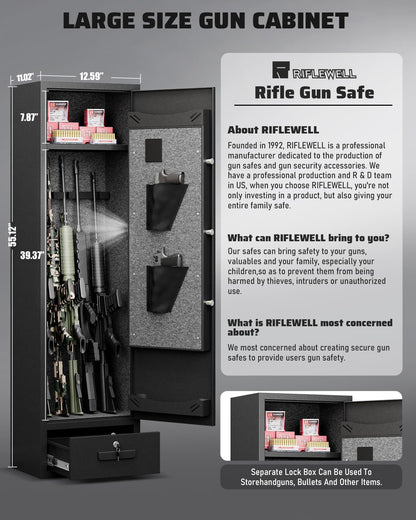 RIFLEWELL Gun Safe, 4-5 Rifle Gun Safe, Gun Safes for Home Rifle and Pistols, Quick Access Gun Cabinets with LED Light, Rifle Safe with Adjustable Gun Rack