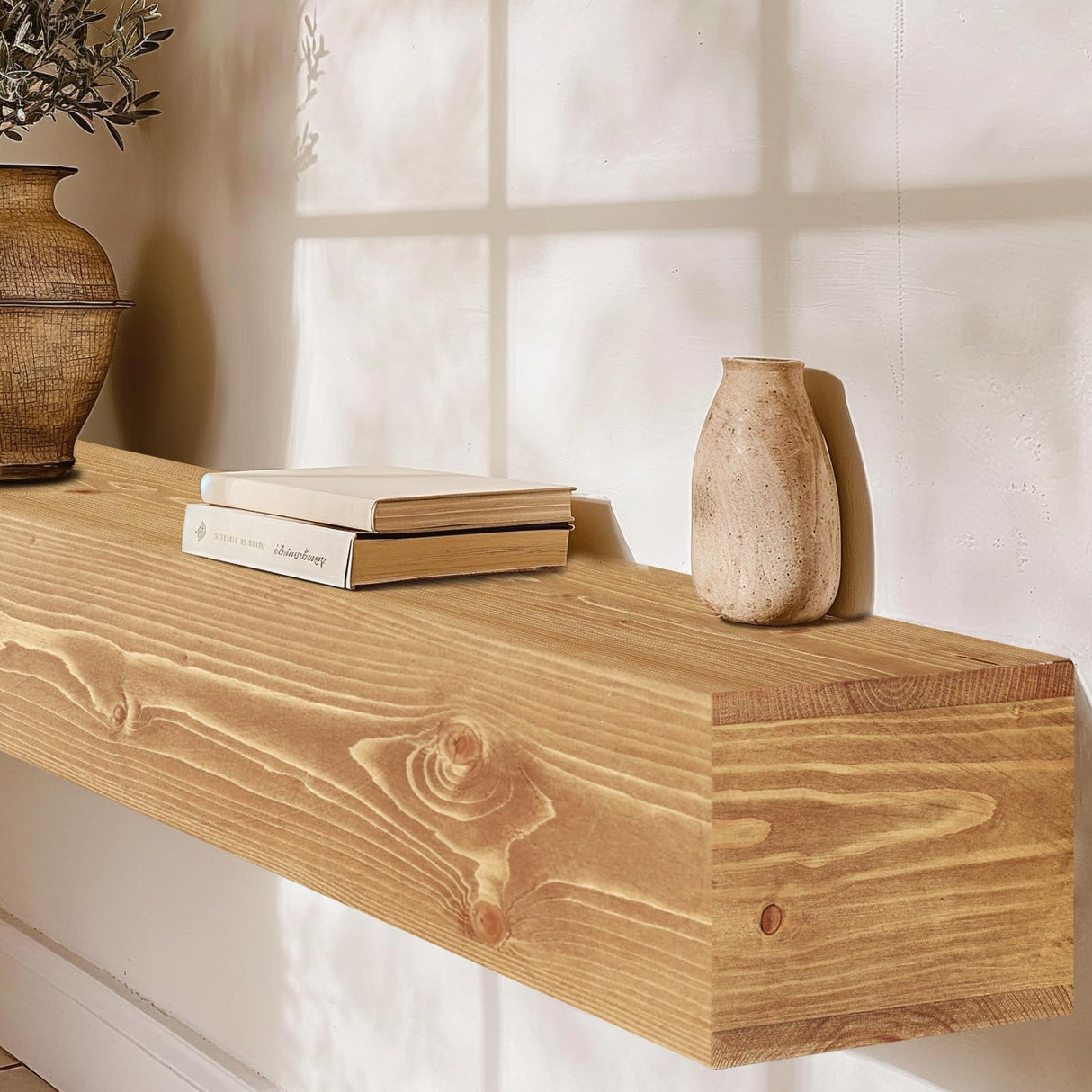 YLYHSST 48" Fireplace Mantel, 5'' Thick Handmade Hollow Solid Wood Wall Long Floating Shelf with Invisible Wood Brackets, Wood YLYHSST