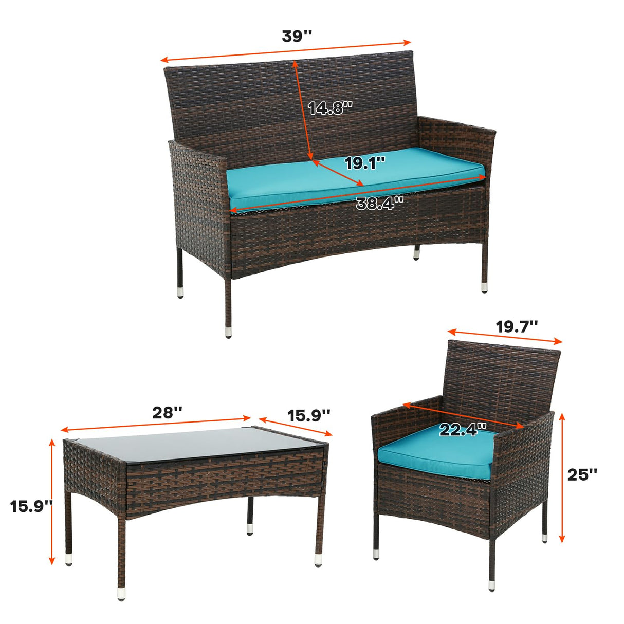 PayLessHere Outdoor Furniture Set 4 Pcs Modular Patio Furniture Set Water Resistant Conversation Set with 3 Rattan Chairs 1 Tempered Glass Topped Table for Patio Poolside, Brown Wicker/Blue Cushions PayLessHere