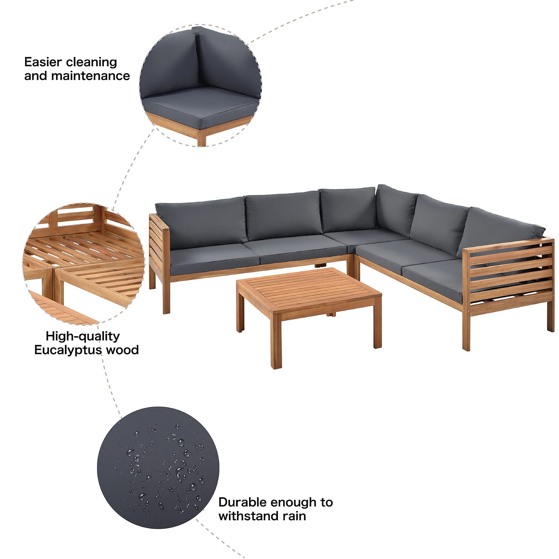 AOCHUANG Eucalyptus Wood 4 Piece Sectional Sofa Set Coffee Table Removable Cushion,Patio Seating Group L Shape Corner Garden Backyard Poolside (Natural Wood+Gray), 58.7inch x 27.6inch 25.1inc - WoodArtSupply