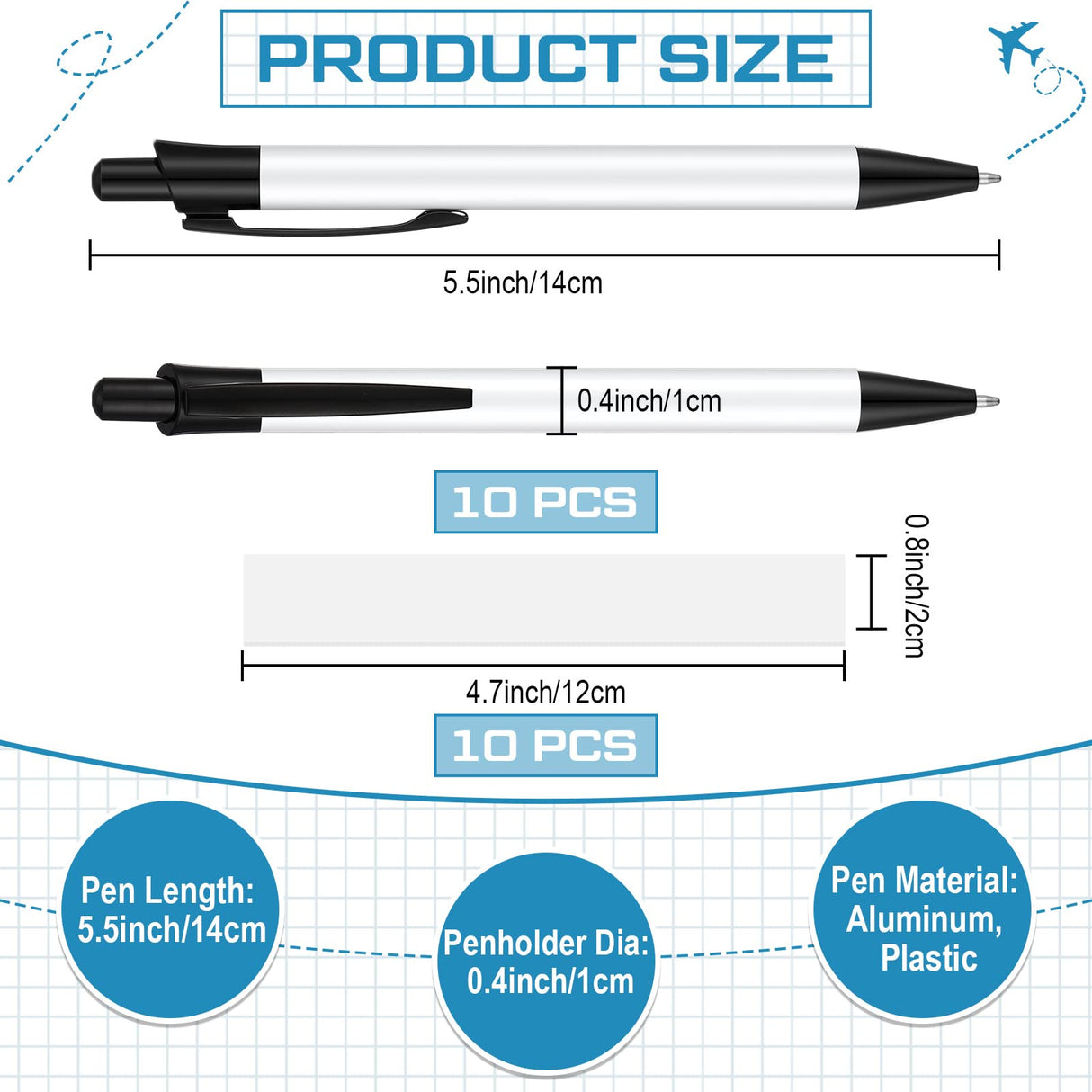 Yexiya Sublimation Pens Blank Heat Transfer Pen Sublimation Ballpoint Pen with Shrink Wrap White Aluminum Customized Clip Pen School Supplies for Christmas Office School Stationery Supplies (10 Sets) Yexiya