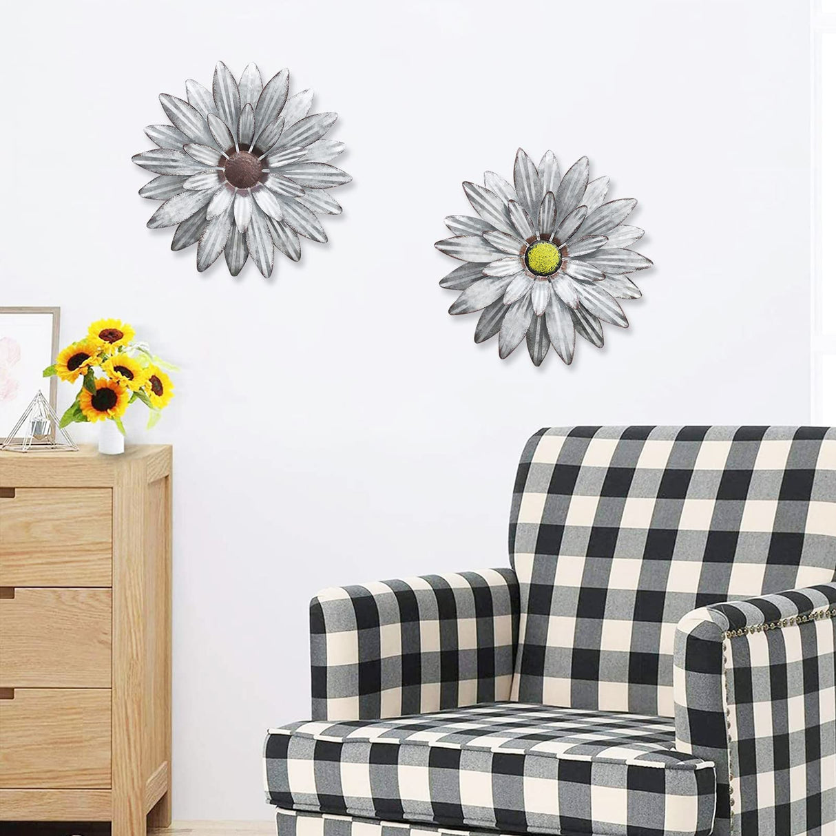 WKHOMEDECO Galvanized Farmhouse Metal Flowers Wall Decor Inspirational,Wall Decor Hanging for Indoor Outdoor Home Bedroom Living Room Office Porch Patio Garden Fence 13Inch,Handmade Gift, Set of 2 WKHOMEDECO