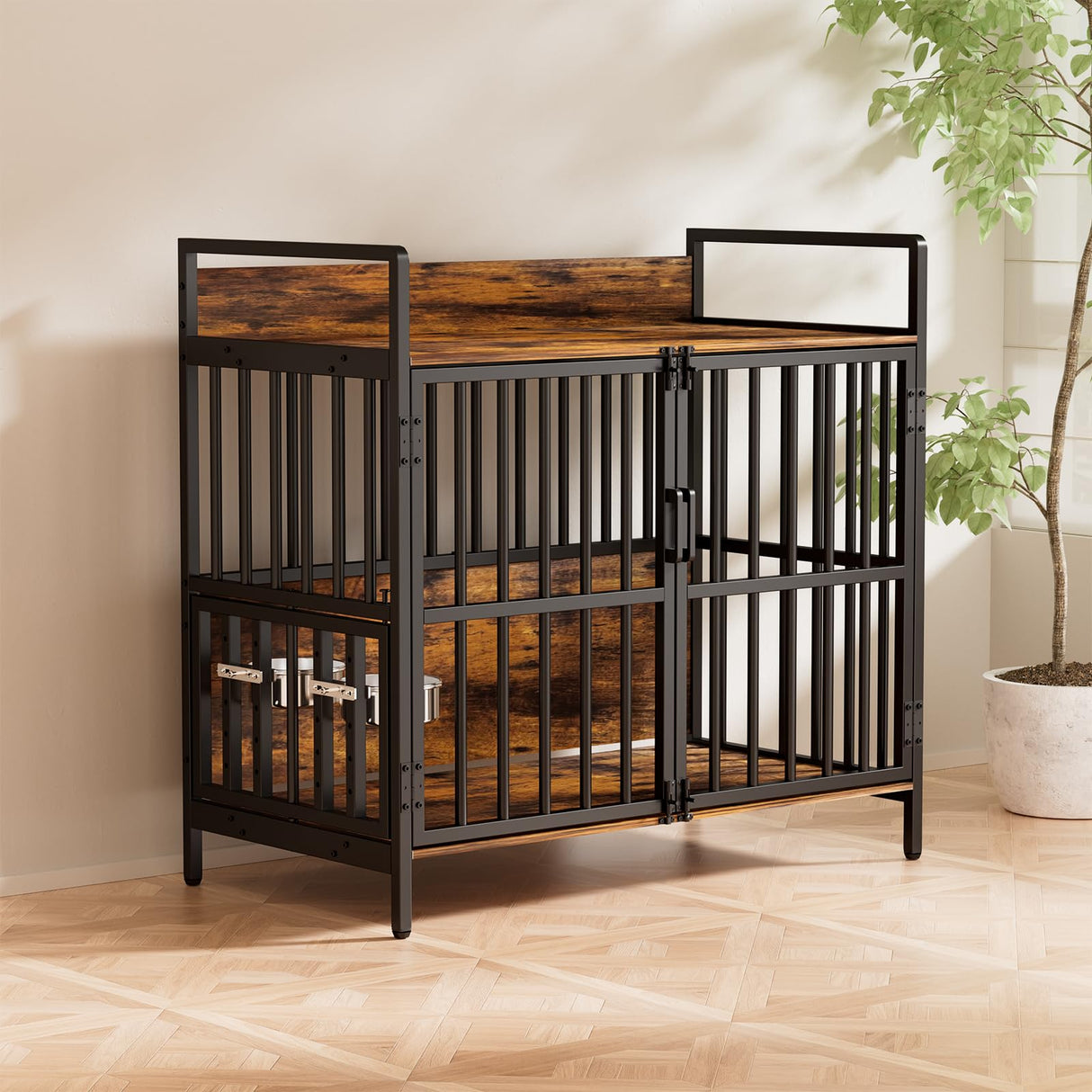 Large Dog Crate Furniture, with 360° Adjustable Elevated Feeder, Heavy Dog Furniture, Indoor Decorative Dog Kennel, Sturdy Metal Construction, 38" W×21" D×36" H, Rustic Brown Finish vanjezand