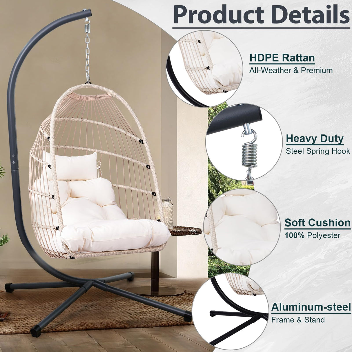 Swing Egg Chair with Stand, Foldable Hanging Egg Chair, Heavy Duty Frame & HDPE Rattan Hanging Basket with UV Resistant Cushions for Indoor Outdoor Porch Garden, 350Lbs Capacity (White) A ALFRESCOOL
