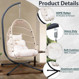 Swing Egg Chair with Stand, Foldable Hanging Egg Chair, Heavy Duty Frame & HDPE Rattan Hanging Basket with UV Resistant Cushions for Indoor Outdoor Porch Garden, 350Lbs Capacity (White) A ALFRESCOOL