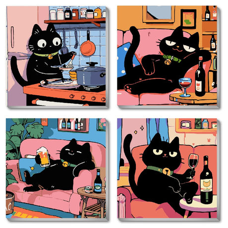 4Pack Funny Black Cat Kitchen Paint by Numbers Kit for Kids, Vintage Animals Easy Framed Adults Paint by Numbers Kits, DIY Cute Cat Acrylic Oil Painting Number Kits for Home Wall Decor (8 x 8 Inch) Fotasmua