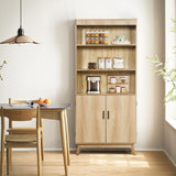 68" Fluted Tall Bookcase with Storage Cabinet,Mid-Century Modern 5-Tiers Arched Bookshelf Cabinet with Doors,Arched Bookcase with Open Display Storage Shelf for Home Office Bedroom Living Room,Natural XUZENEST