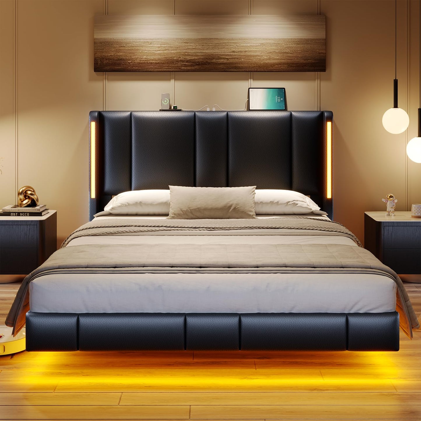 AOGLLATI Queen Floating Bed Frame with LED Lights and USB Charging Stations - WoodArtSupply