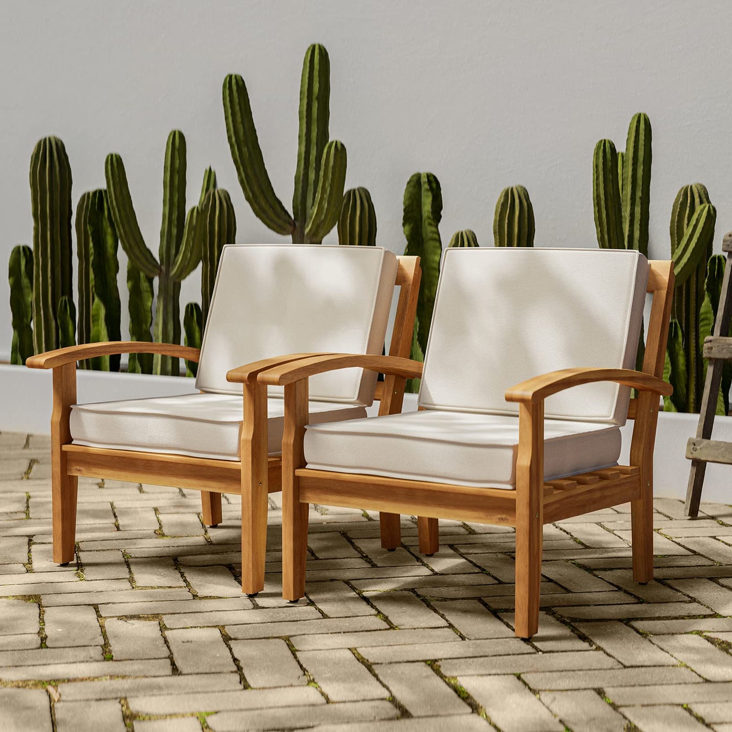 Idzo Club Chairs Laurent 500lbs Capacity Acacia Outdoor Set of 2, FSC Teak Finish Patio Furniture Sets with 3.9in Thick Cushion, Perfect for Garden Porch, Wood_Beige