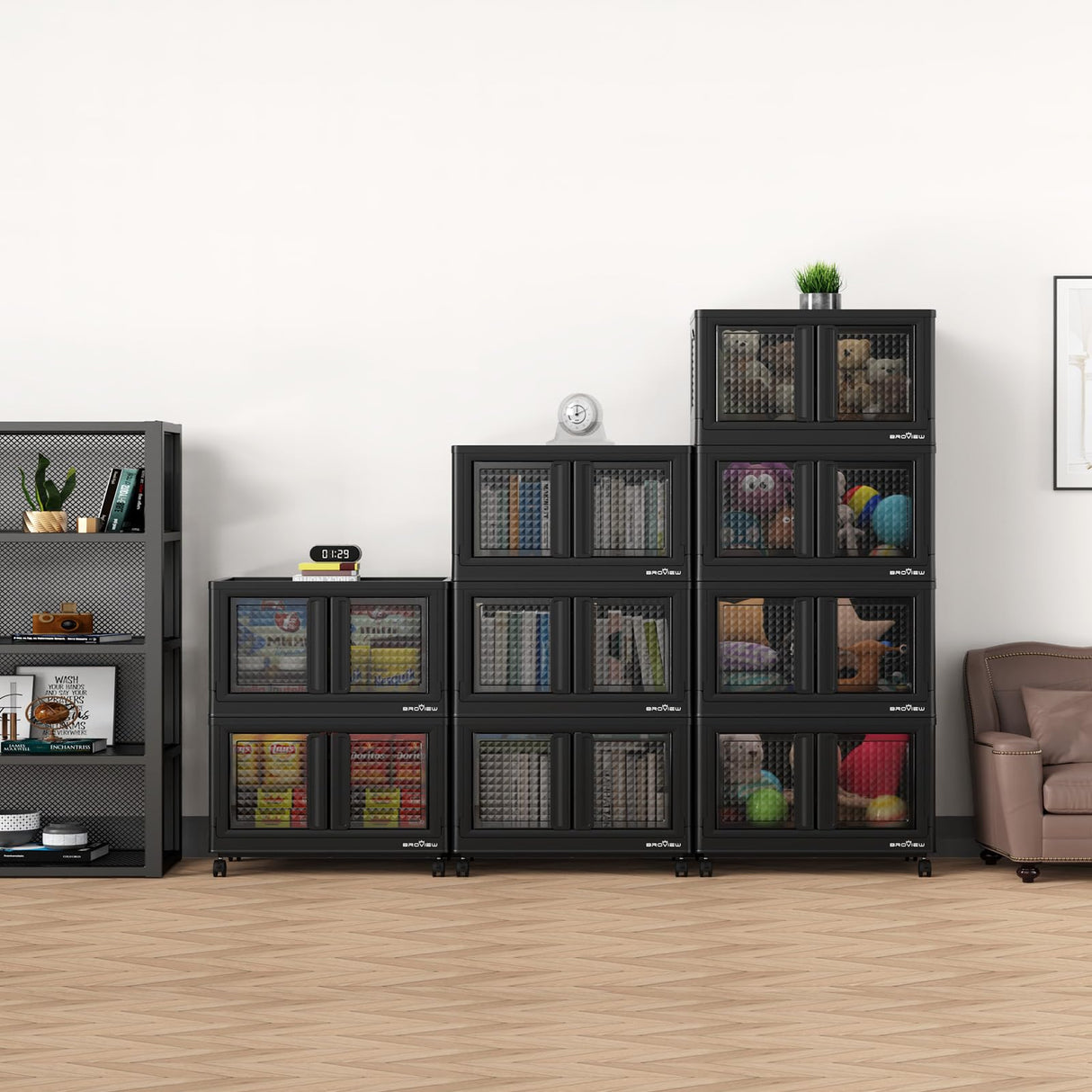 BROVIEW 240Qt Stackable Storage Bins with Lids, 60Gal Plastic Collapsible Storage Bins with Doors and Wheels, Closet Organizers and Storage, Black Folding Storage Cabinet for Home Garage, 3 Pack Cube BROVIEW