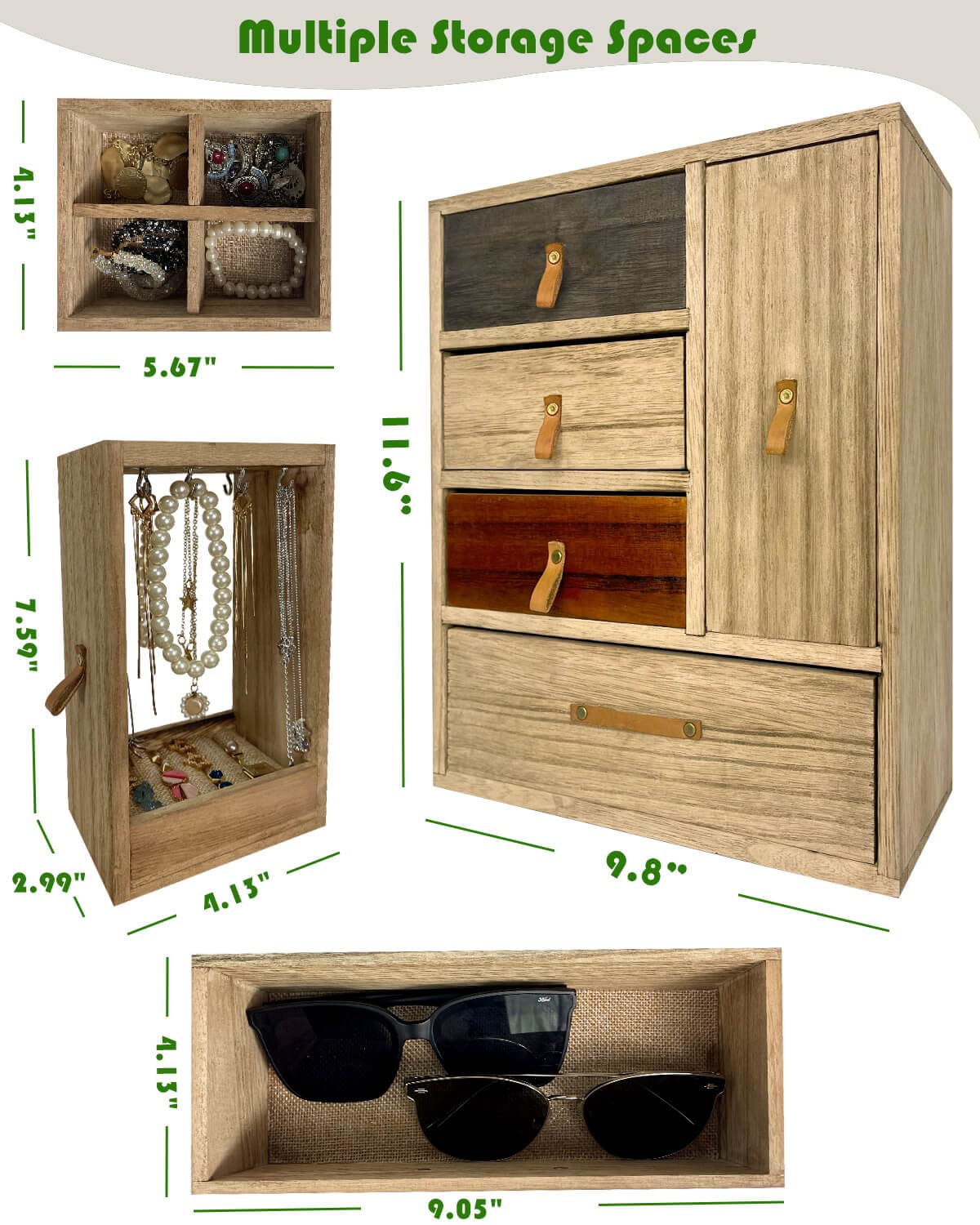 Ylu Yni Mothers Day Gifts for Mom Jewelry Box with 4 Drawers and Collection Cabinet, Earrings, Necklaces, Rings, Sunglasses Organizer for Women, Rustic Farmhouse Torched Wood, Brown