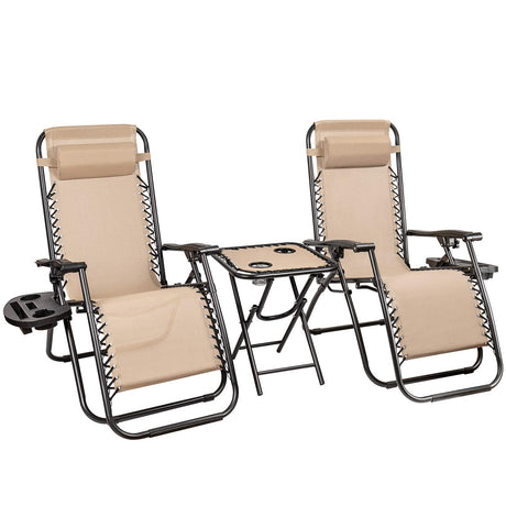 Homall 3 Pcs Zero Gravity Chair Patio Folding Recliner Outdoor Chaise Lounge Chairs Portable Reclining Chair Set with Side Table (Beige) Homall
