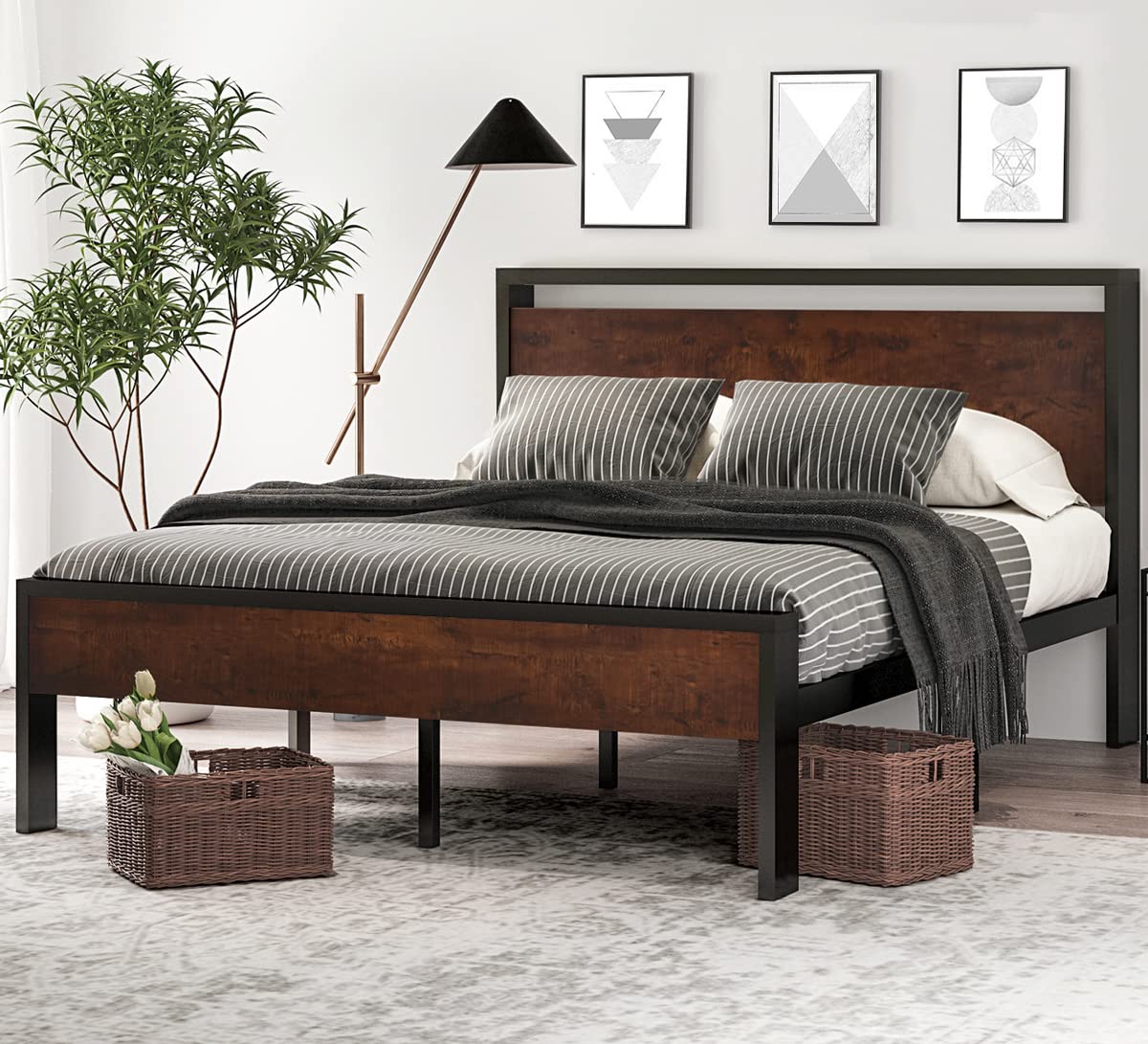 SHA CERLIN 14-Inch Queen Metal Platform Bed with Wooden Headboard and Footboard, No Box Spring Required, Mahogany Finish - WoodArtSupply