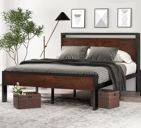SHA CERLIN 14-Inch Queen Metal Platform Bed with Wooden Headboard and Footboard, No Box Spring Required, Mahogany Finish SHA CERLIN
