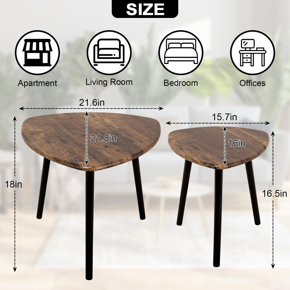 Nesting Coffee Table Set of 2 Triangular End Side Tables Modern Industrial Simple Nightstand Center Table for Living Room Bedroom Apartment, Retro Brown FEUFOAM