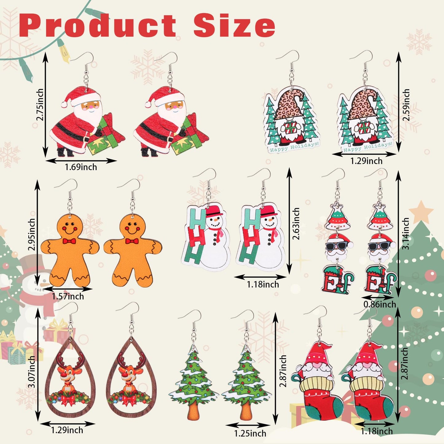 Risyfjew 8 Pairs Christmas Earrings for Women Lightweight Wooden Christmas Drop Dangle Earrings Christmas Tree Gingerbread Decoration Cute Gifts Jewelry for Women