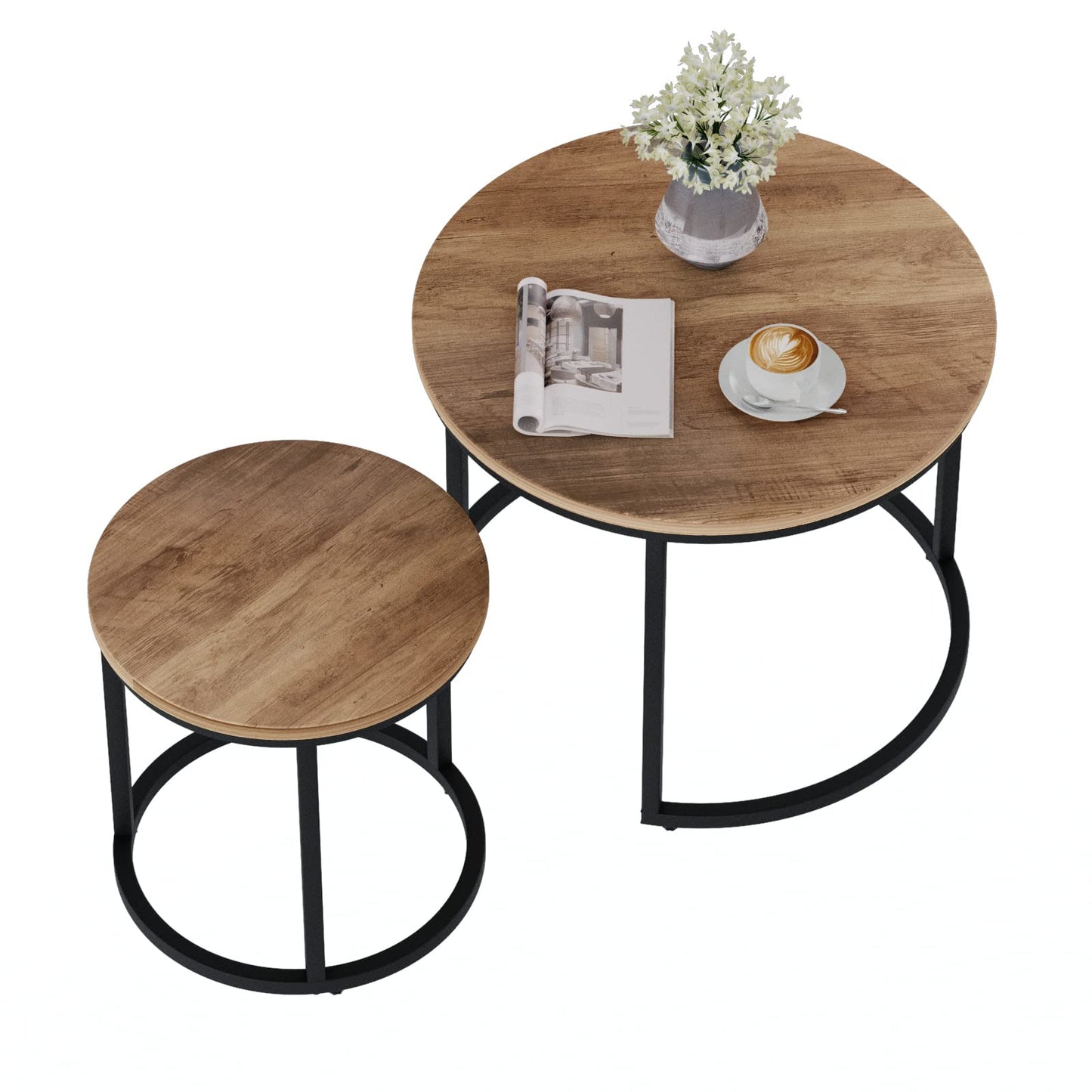 Smuxee Nesting Coffee Table Set of 2, 23.6" Round Coffee Table Wood Grain Top with Adjustable Non-Slip Feet, Industrial End Table Side Tables for Living Room Bedroom Balcony Yard - WoodArtSupply