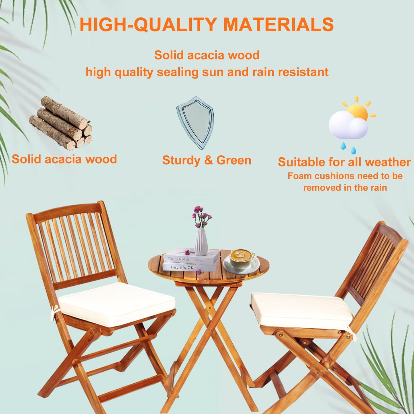 S AFSTAR Bistro Table and Chairs Set of 2, Acacia Wood Folding Bistro Set for 2 with Detachable Soft Cushions, 3 Piece Outdoor Bistro Set for Patio, Balcony, Pool, Garden & Yard (Natural Colo - WoodArtSupply