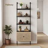 SOLACE FURNITURE Rattan Bookcase, 6 Tier Ladder Bookshelf with Rattan Cabinet, Wall Mount Tall Bookshelves and Bookcases with Metal Storage Shelves Display for Living Room Bedroom Home Office, Black SOLACE FURNITURE