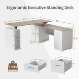 FEZIBO Electric Height Adjustable Stand up Desk for Home Office, 63" L Shaped Executive Standing Desk with 3-Drawer File Cabinet, Computer Desk with Storage Cabinets, White Frame/Light Walnut Top FEZIBO