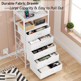 Furnulem White Nightstand with 5 Storage Drawer, Tall Dresser for Bedroom with Led Light and Charging Station, Side Table Nightstand for Closet, Fabric Bins, Metal Frame, Wood Shelf(White) Furnulem