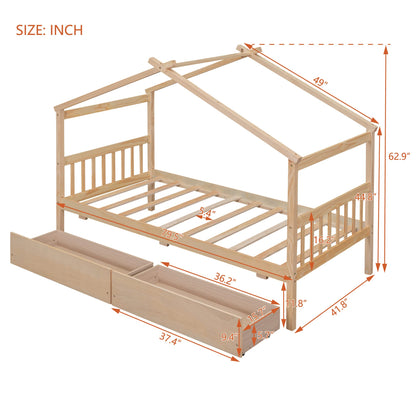 Montessori Twin Size House Bed with Storage Drawers - Bellemave Wooden Frame for Kids