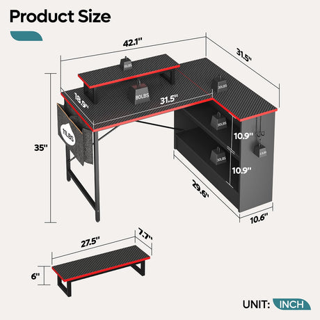 Bestier Small L Shaped Gaming Desk with LED Lights, 42 Inch Computer Desk with Monitor Stand, Open Storage Cabinet & Side Storage Bag, Corner Desk with Hooks for Bedroom Home Office Bestier