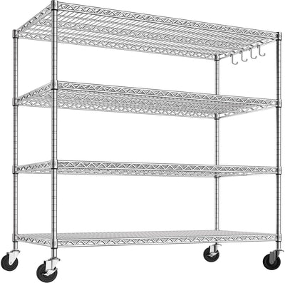 PrimeZone 4 Tier 55.5" Wx24 Dx76 H Wire Shelving with Wheels 2400lbs NSF Certified Storage Shelves Heavy Duty Metal Shelf Adjustable Rolling Rack Commercial Garage Restaurant Warehouse Kitchen Chrome