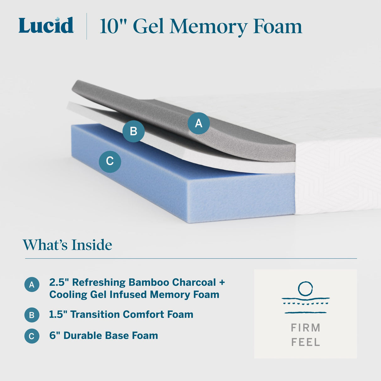 Lucid 10 Inch Memory Foam Mattress - Firm Feel - Infused with Refreshing Bamboo Charcoal and Cooling Gel - Bed in a Box - Temperature Regulating - Pressure Relief - Breathable - Queen Size LUCID