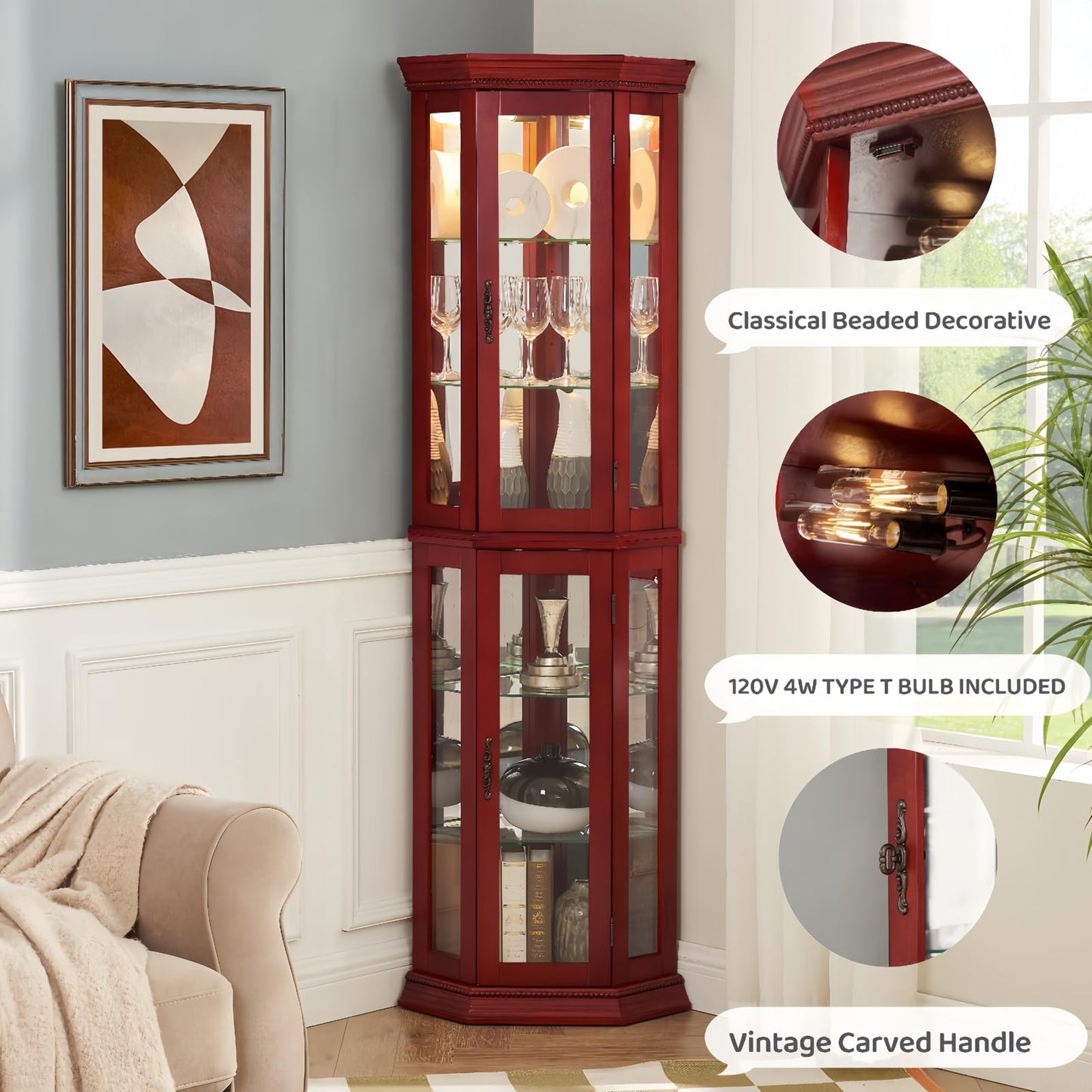 SUNLIFER Curio Cabinets with Glass Doors: Lighted Corner Display Curio Cabinet with Adjustable Shelves | Tall Wood China Cabinet - Bar and Liquor Storage Area for Living Room - Cherry - WoodArtSupply