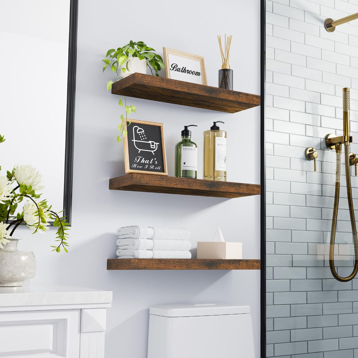 BAYKA Floating Shelves for Wall – Bathroom Shelves Rustic Wood with Metal Brackets for Bathroom, Bedroom, Kitchen, or Living Room Decor – Rustic Brown, Set of 3, Sturdy Storage with 22lb Capacity BAYKA