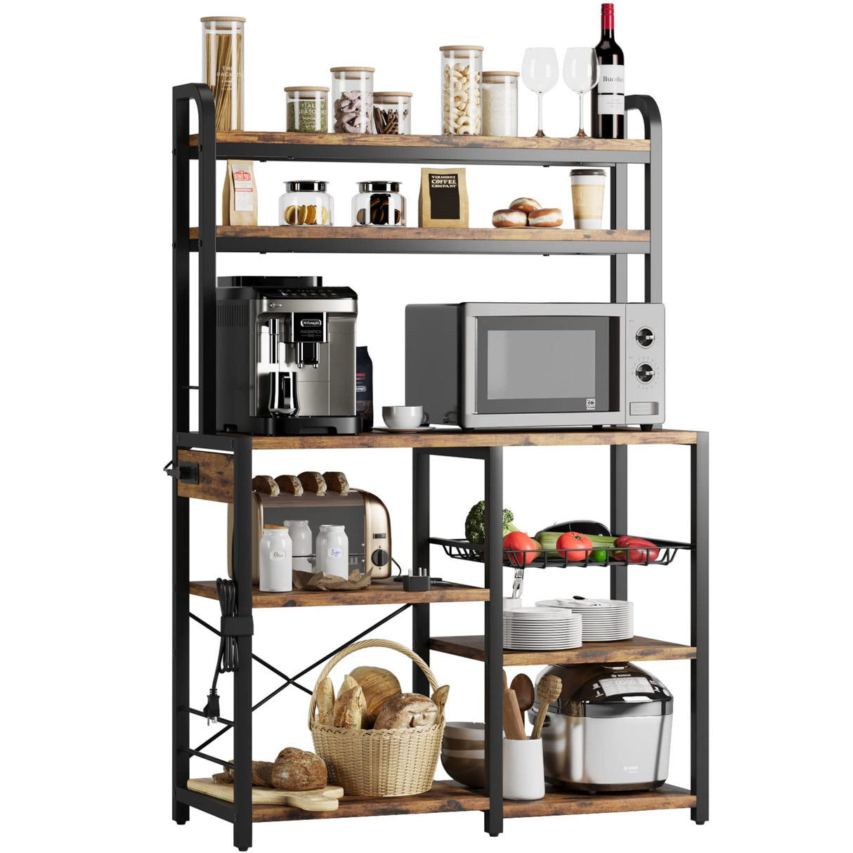 IDEALHOUSE Bakers Rack with Power Outlet, Coffee Bar with Wire Drawer, Industrial Microwave Stand, Kitchen Buffet Table with Large Storage, 6-Tier Kitchen Storage Rack with Hutch, Rustic Brown IDEALHOUSE