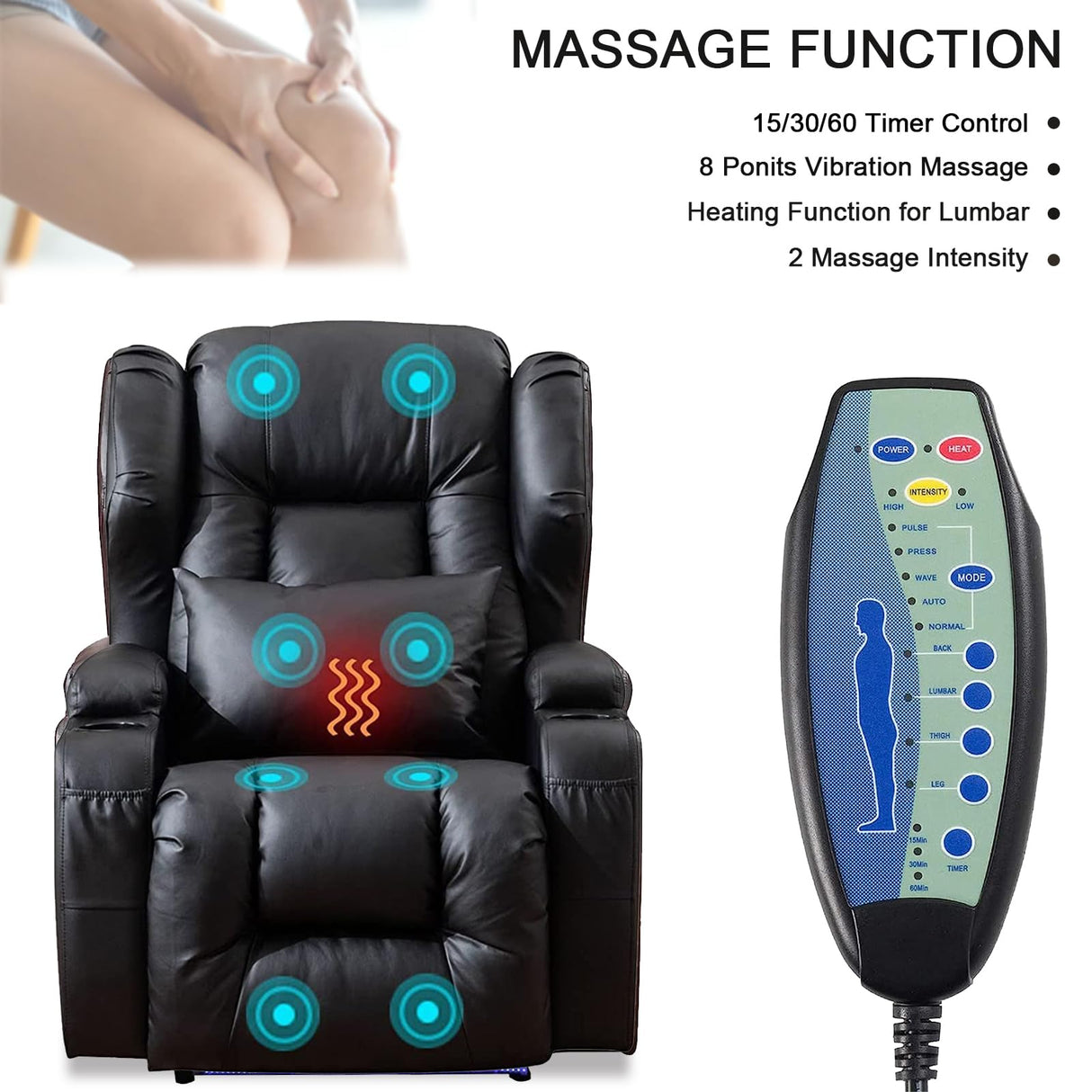 Oprisen Power Recliner Chair Set of 3 Overstuffed Home Theater Seating w/Heat Massage Electric Movie Gaming Sofa Reclining Sleeper Chair with LED Light/Lumbar Pillow/USB Port/Cup Holders Oprisen