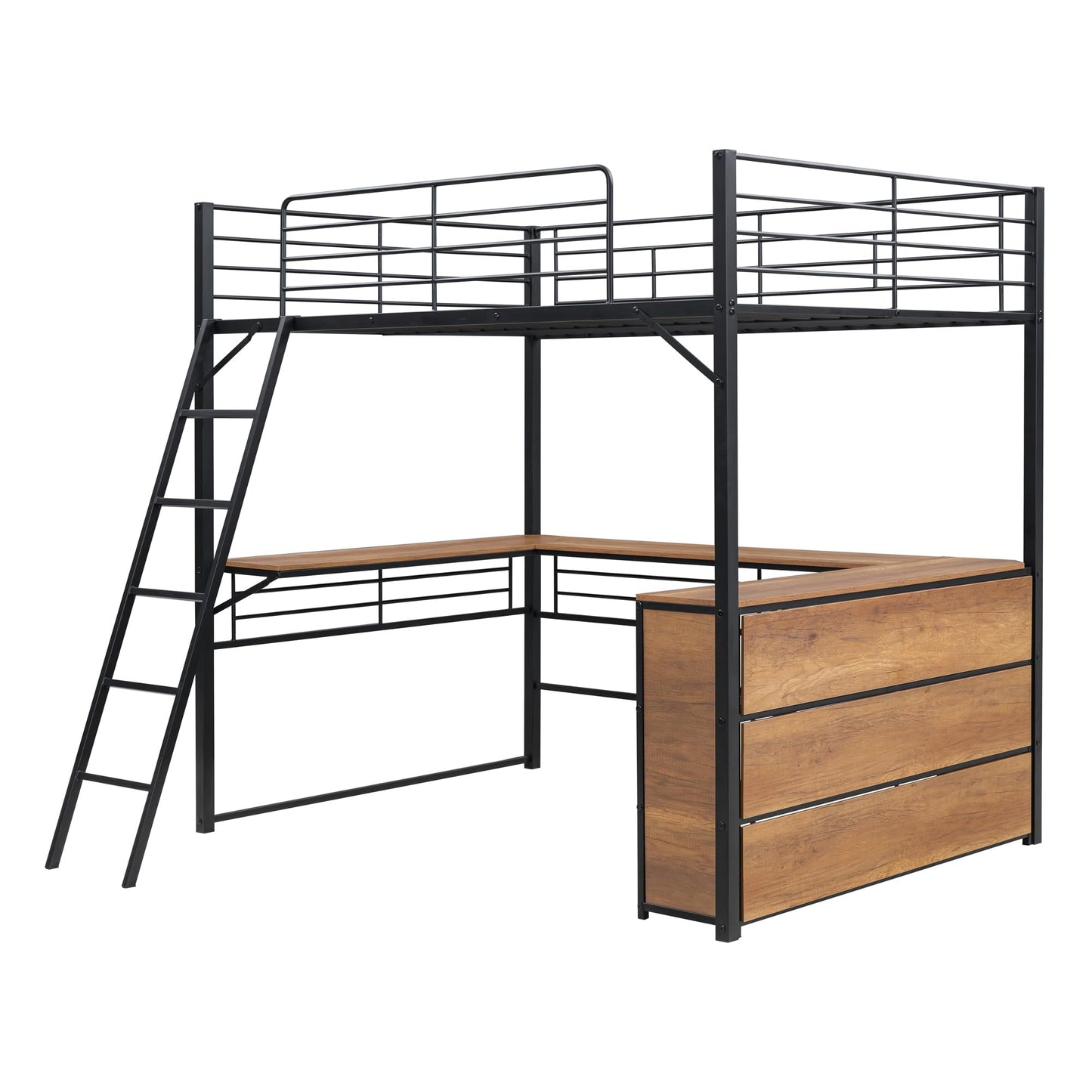 Metal Full Size Loft Bed with L-Shaped Desk,Heavy Duty Loft Bed with 3 Tier Shelves for Kids Teens Adults,High Loft Bed Frame, Space Saving Loft Bed Full Size(Full,Black)