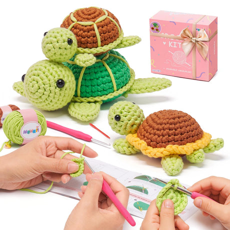 Mewaii Beginner Crochet Kit with 40% Extra Yarn, Pre-Started Yarn & Video Tutorials - 3 Sea Turtles Craft Set for Adults & Kids Mewaii