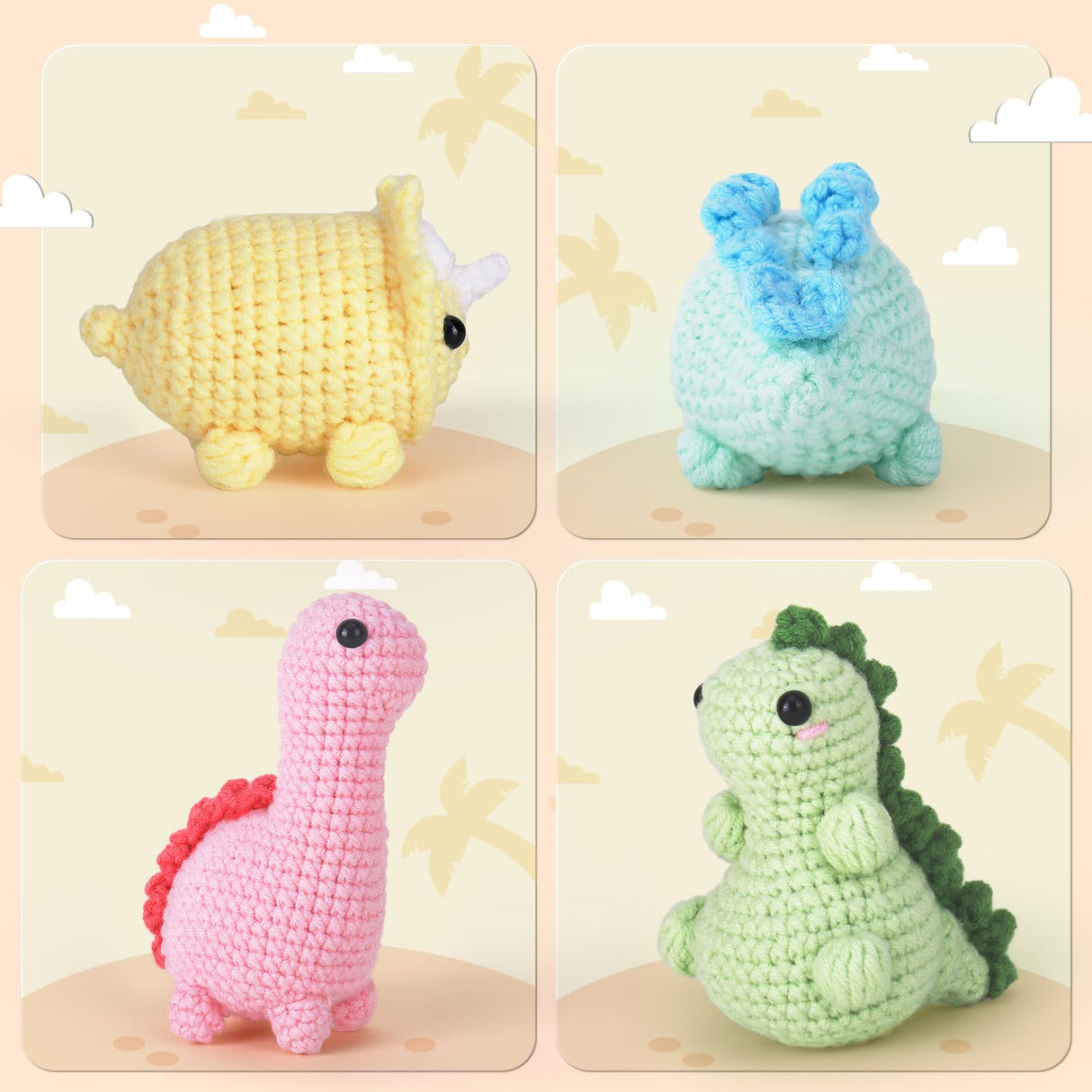 Crochet Kit for Beginners, Beginner Crochet Kit for Adults with Step-by-Step Video Tutorials, DIY Crochet Animal Kits Kids Knitting Supplies, 4 Pack Dinosaurs (40%+ Yarn) Crochetta