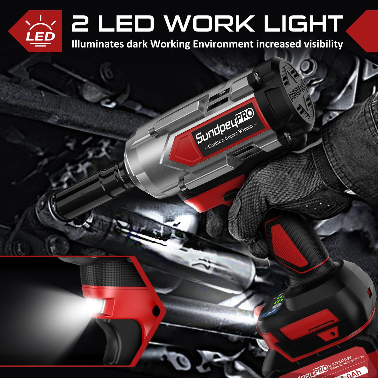 SundpeyPRO Cordless Impact Wrench 960Ft-lbs - 1300N·m High Torque Impact Wrench - 21V 2600RPM Brushless Power Impact Gun with 2 × 4.0Ah Battery 6 Sockets & Charger & Carry Case for Car Tire Truck DIY SundpeyPRO