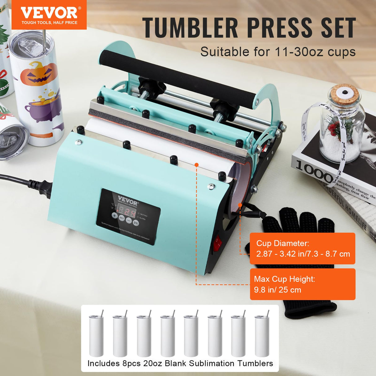 VEVOR Tumbler Heat Press Machine and Sublimation Tumblers, Tumbler Press Set with 8pcs 20OZ Blank Tumblers, Mug Press Cup Press for 11-30oz Tumblers Mug, with Heat Transfer Paper, Gloves, Tape VEVOR