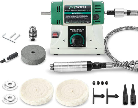 Flyrivergo Bench Buffer Polisher with Accessories Adjustable Variable Speed Multi-Function Bench Lathe Grinder Polishing Machine Tool Kit for Jewelry, Wood, Silver, Amber, Metal, Jade DIY Flyrivergo