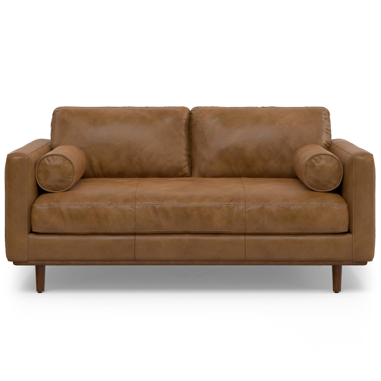 SIMPLIHOME Morrison 72-inch Wide Sofa in Caramel Brown Top Grain Genuine Leather, Mid-Century Modern-Style Loveseat for Living Room, Single Bench Cushion, Removable Back Cushions, 2 Bolster Pillows SIMPLIHOME