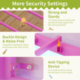 DICTAC Low Twin Size Loft Bed with Reading Corner and Bookshelf,Metal Twin Loft Bed with LED Lights,3 Sling Drawers&2 Movable Storage Bins,loft bed for Kids with 13.98"H Safety Guardrail & Stairs,Pink DICTAC