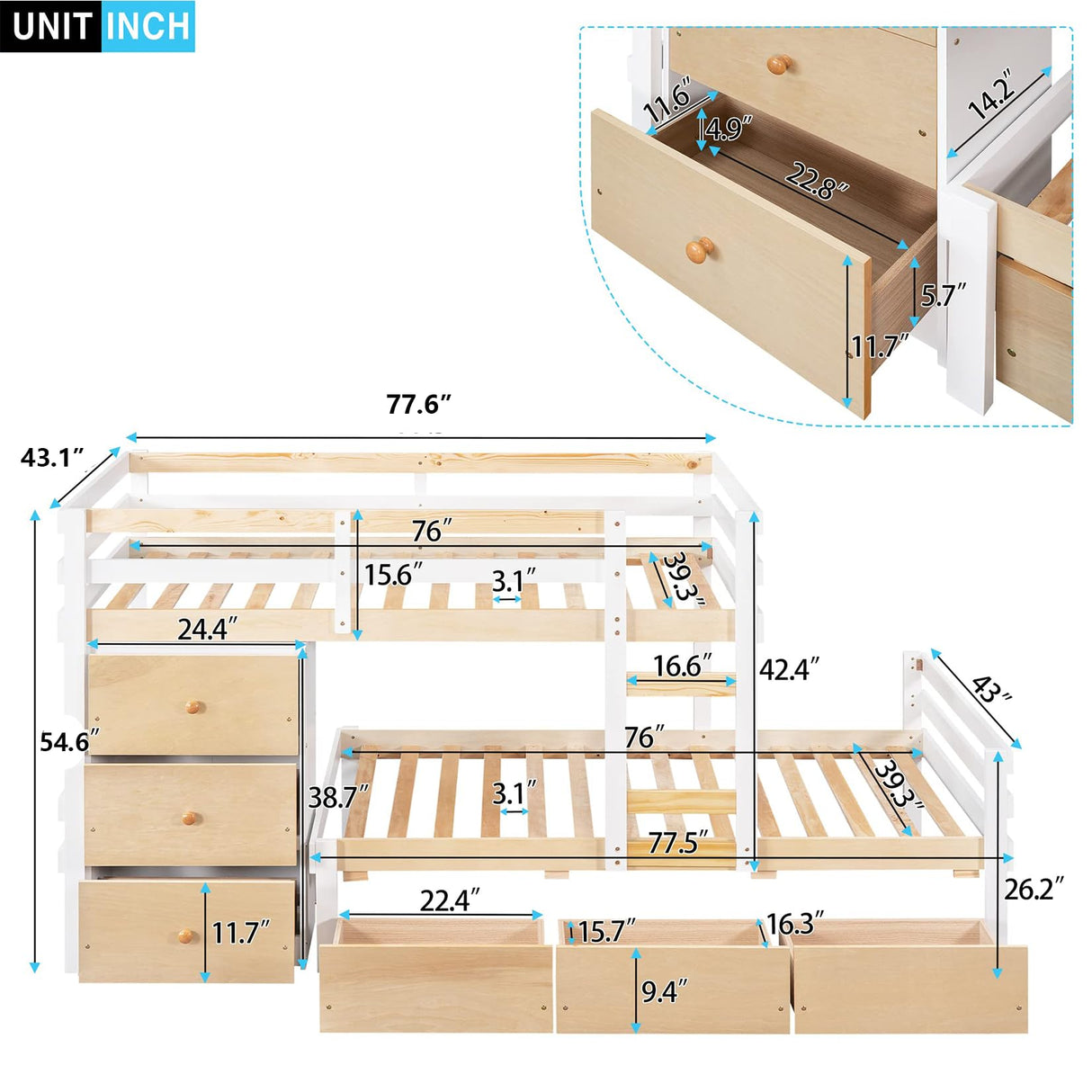 Bunk Bed Twin Over Twin with 6 Storage Drawers, Solid Wood Bunk Beds with Guardrails and Ladders for Kids Boys Girls Teens, No Box Spring Needed (Twin Over Twin Bunk Beds, Natural) Harper & Bright Designs