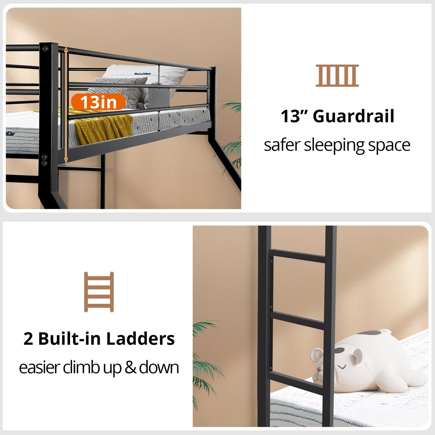 Metal Twin XL Over Queen Bunk Bed for Kids, Heavy Duty Bunk Bed Frame with 2 Safety Side Ladders and Full Length Guard Rail, Space-Saving Bunk Bed for Children, Teens, Adults, Noise-Free, Sandy Black