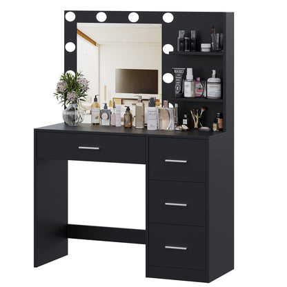 Rovaurx Makeup Vanity Table with Lighted Mirror, Makeup Vanity Desk with Storage Shelf and 4 Drawers, Bedroom Dressing Table, 10 LED Lights, Black