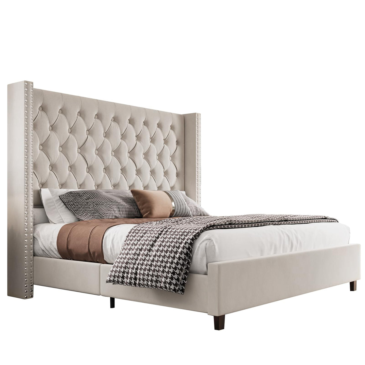 PaPaJet Queen Bed Frame 61.4" Tall Headboard Upholstered Velvet Platform Bed with Handmade Deep Button Tufted/No Box Spring Required/Cream PaPaJet