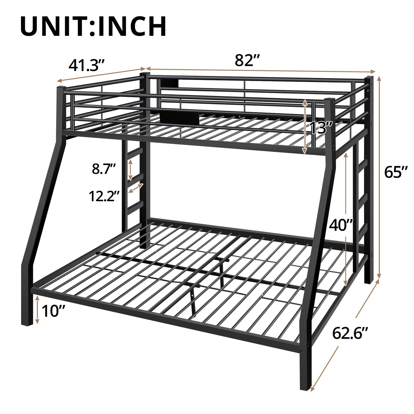 Metal Twin XL Over Queen Bunk Bed for Kids, Heavy Duty Bunk Bed Frame with 2 Safety Side Ladders and Full Length Guard Rail, Space-Saving Bunk Bed for Children, Teens, Adults, Noise-Free, Sandy Black