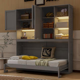 Twin Horizontal Murphy Bed with Storage Cabinet, LED Light and Charging Station,Wood Folding Murphy Wall Bed Cabinet with Bookcase and Shelves for Adult (Grey) MERITLINE