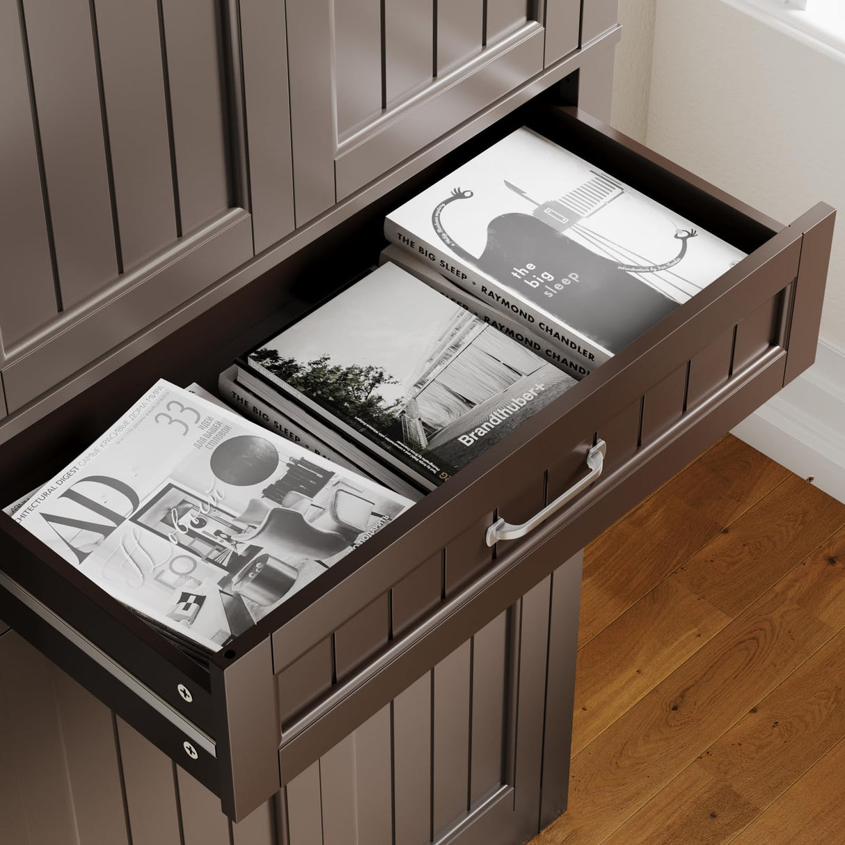 Gizoon 71'' Kitchen Pantry Storage Cabinet, Freestanding Cupboard with 4 Barn Doors and 4 Adjustable Shelves, Hutch Bar Cabinet with Large Drawer for Kitchen, Living Room, Dining Room (Dark Brown) Gizoon