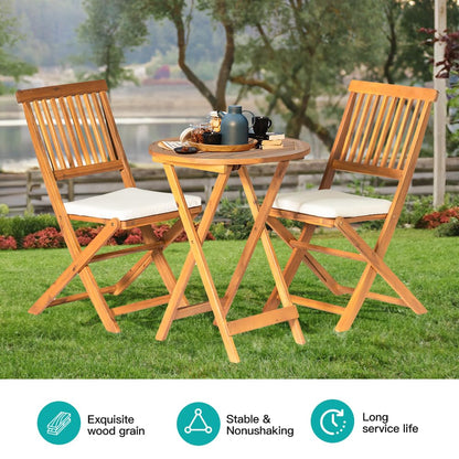 Panana 3PCS Patio Bistro Set Acacia Wood Folding Table Chairs with Cushions for Outdoor Garden Deck, Yard